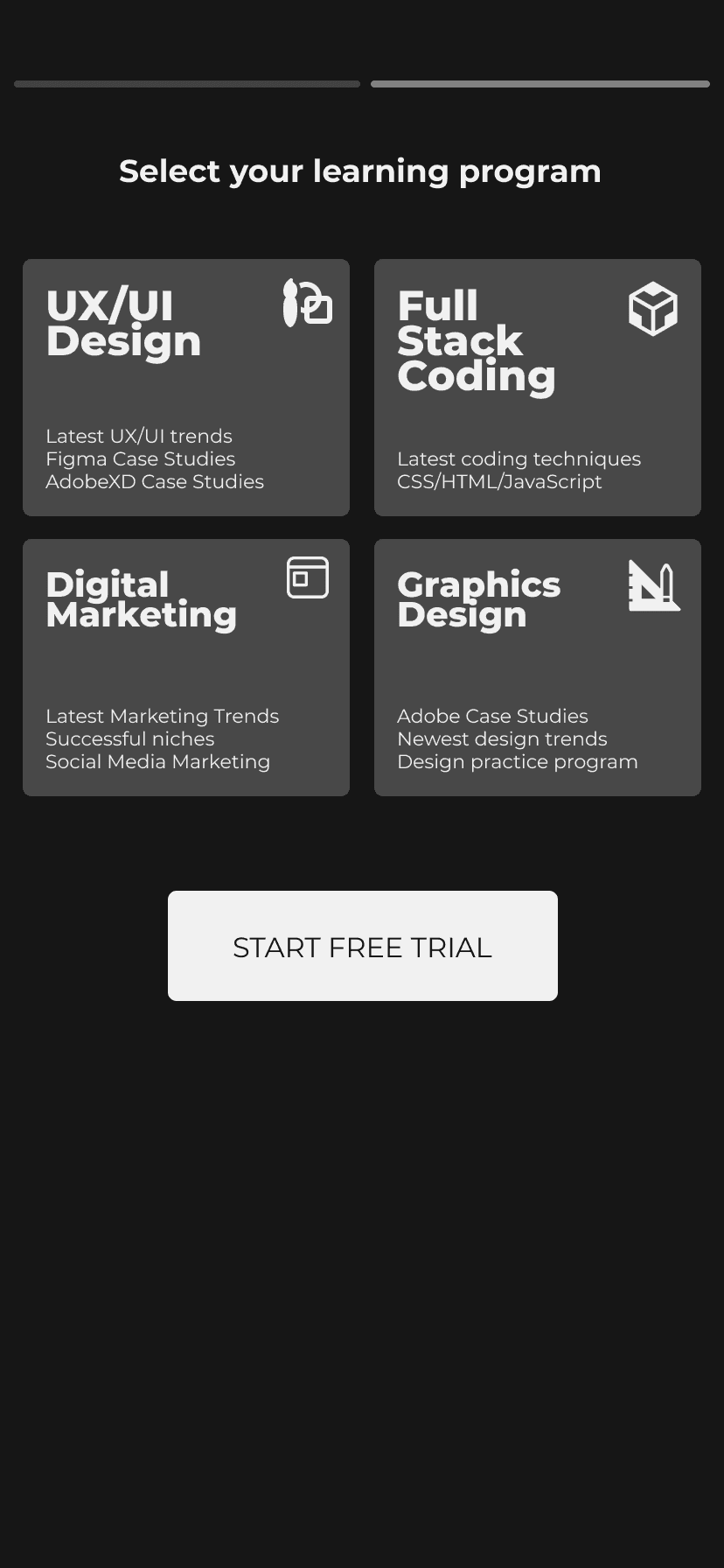 Learning program selection screen with UX/UI Design, Full Stack Coding, Digital Marketing, and Graphics Design categories
