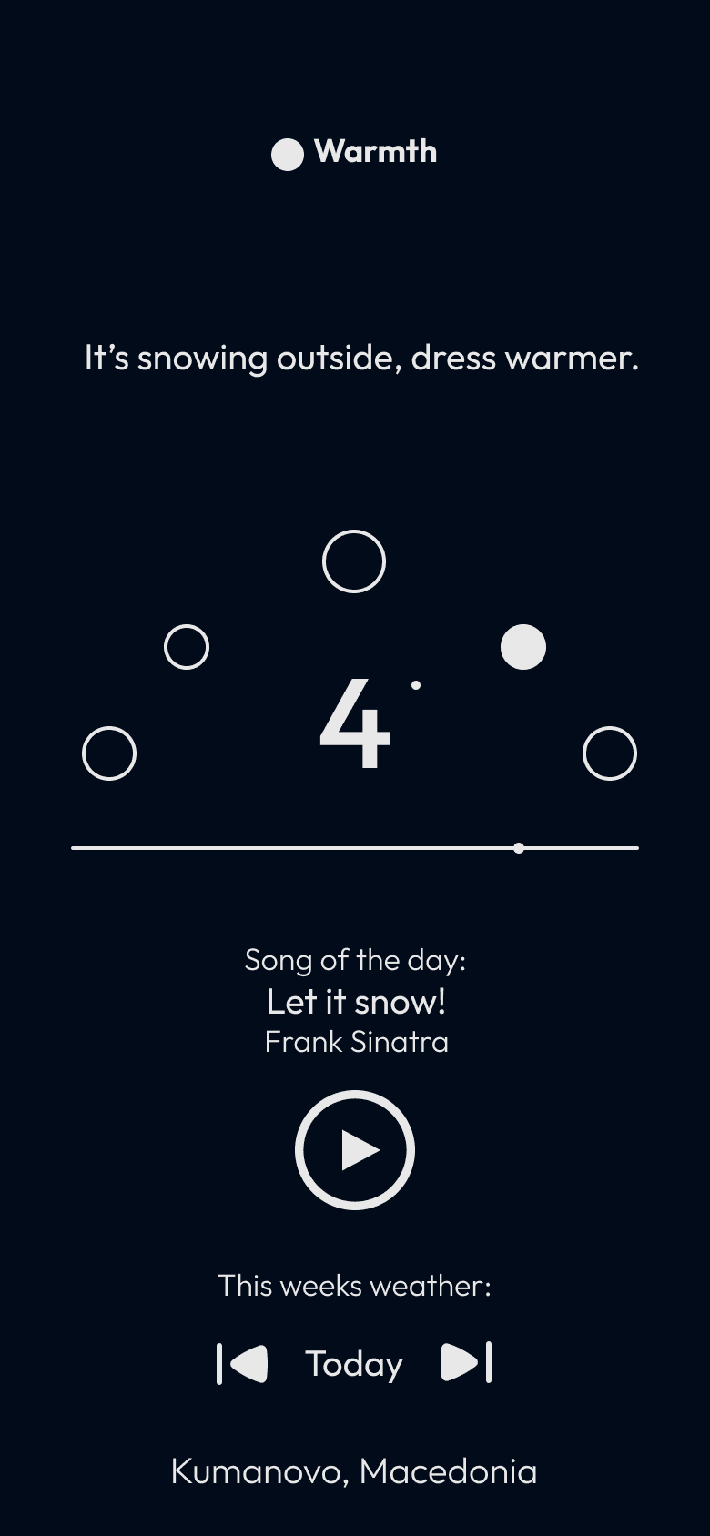 Warmth weather screen: 4° snowy day paired with “Let It Snow!” by Frank Sinatra
